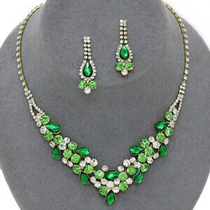Green Crystal Necklace Earrings Gold Rhinestone Women Wedding Prom Formal